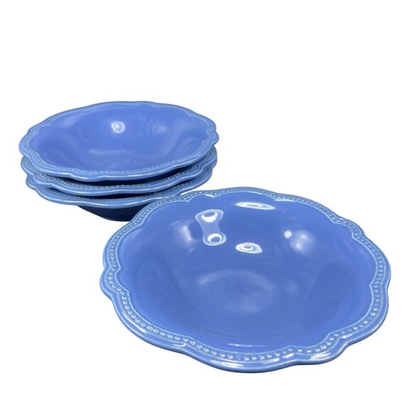 Pierre Deux Blue Ceramic Deep Dish Bowls Set 4 Beaded Edges Bowls Portugal VTG - Picture 1 of 16